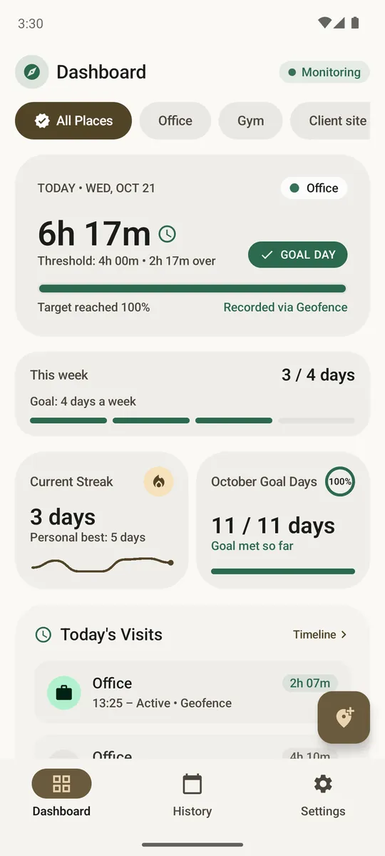 Locitime dashboard showing today's time and weekly goal