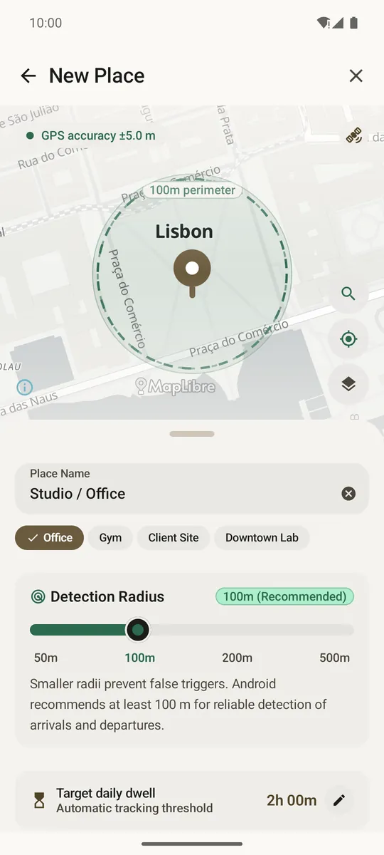 New place with radius circle on the map